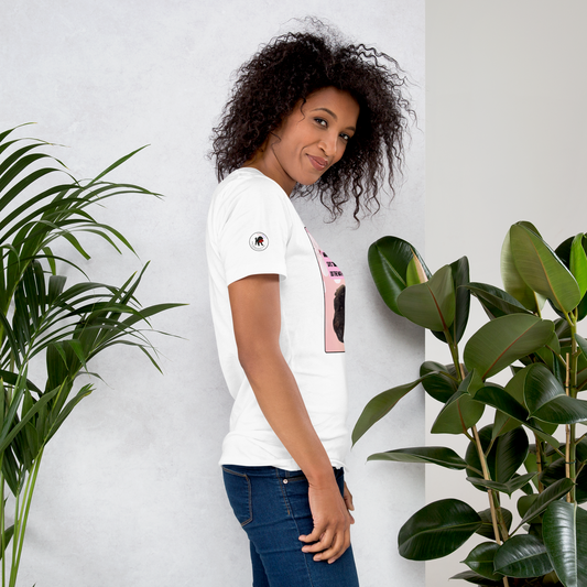 Woman in a white t-shirt facing right.  On the right sleeve is the logo for leoshaiku.com