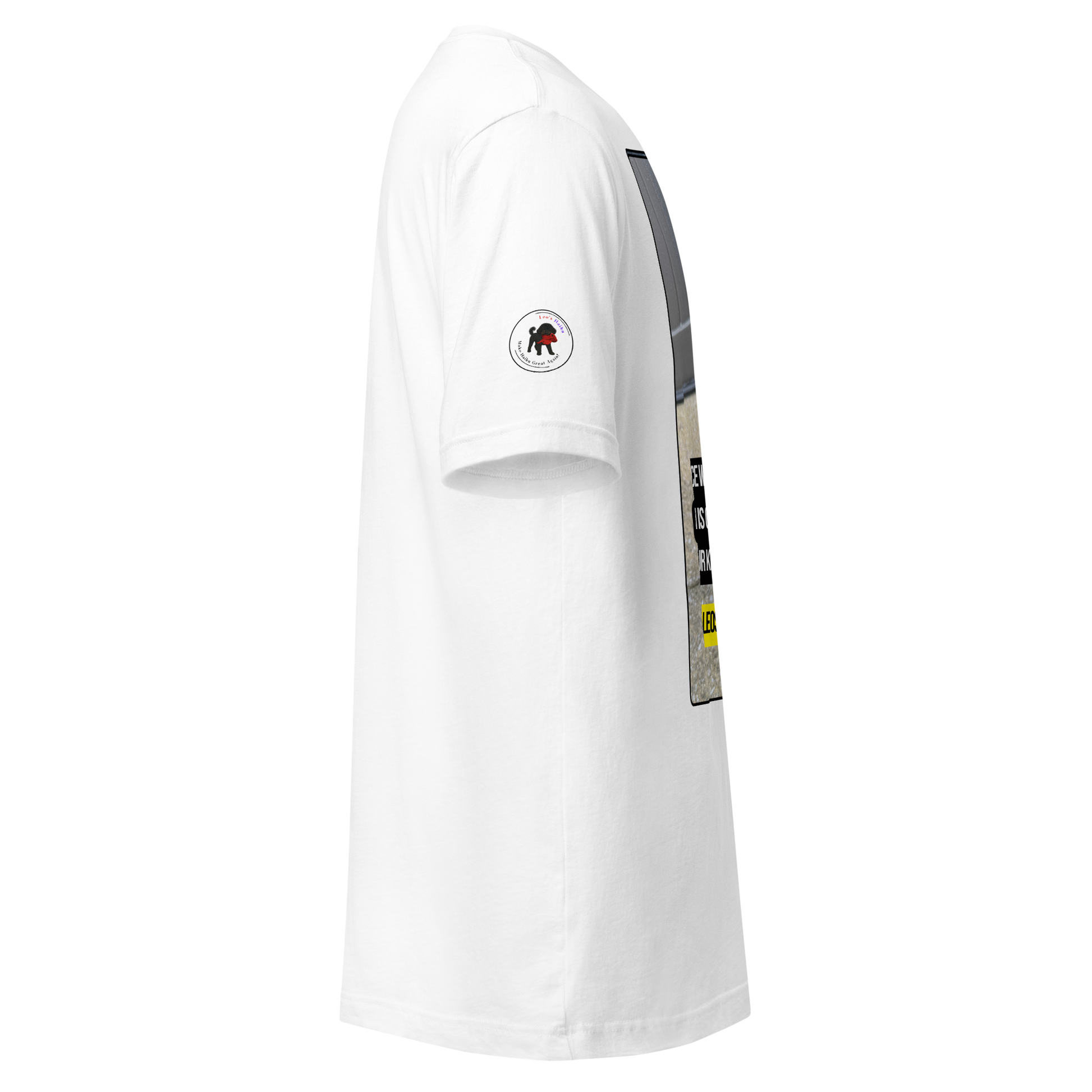 White t-shirt with graphic designs on sleeves and side panels against a white background