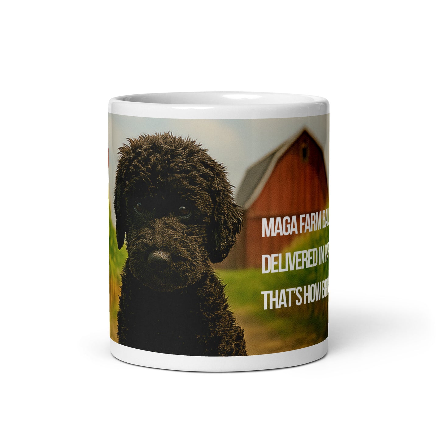 11 oz White ceramic mug with a printed design of a poodle in a cornfield with political satire in Haiku form
