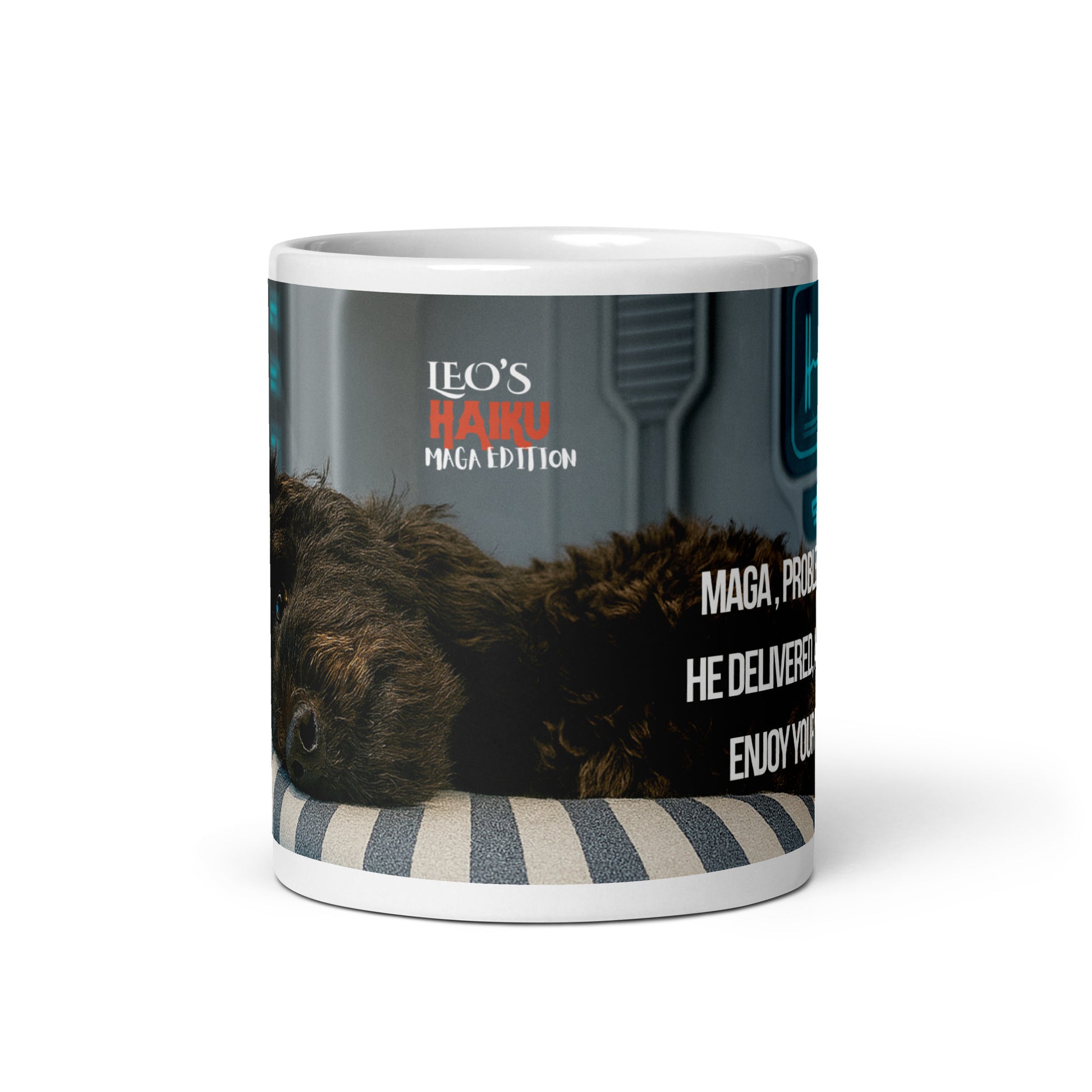 11 oz white glossy ceramic mug, front view, printed with a black dog on a high tech med bed, political satire in haiku form, and branding.