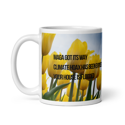 11 oz white ceramic mug, handle on the left printed with yellow tulips against a blue sky, with poodle and political satire in Haiku form.