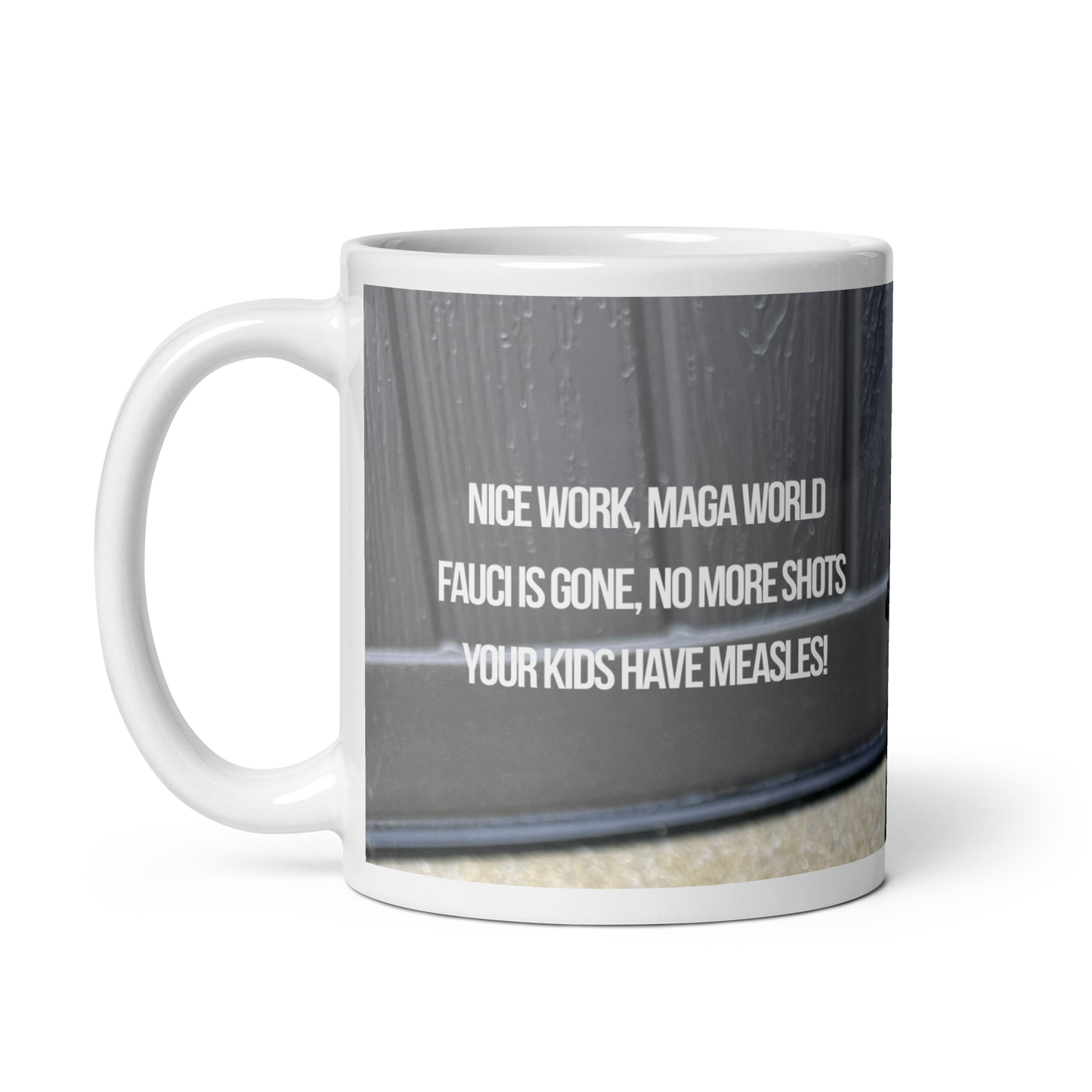 11 oz white ceramic mug handle on the left printed in muted tones, showing poodle and political satire in the form of Haiku