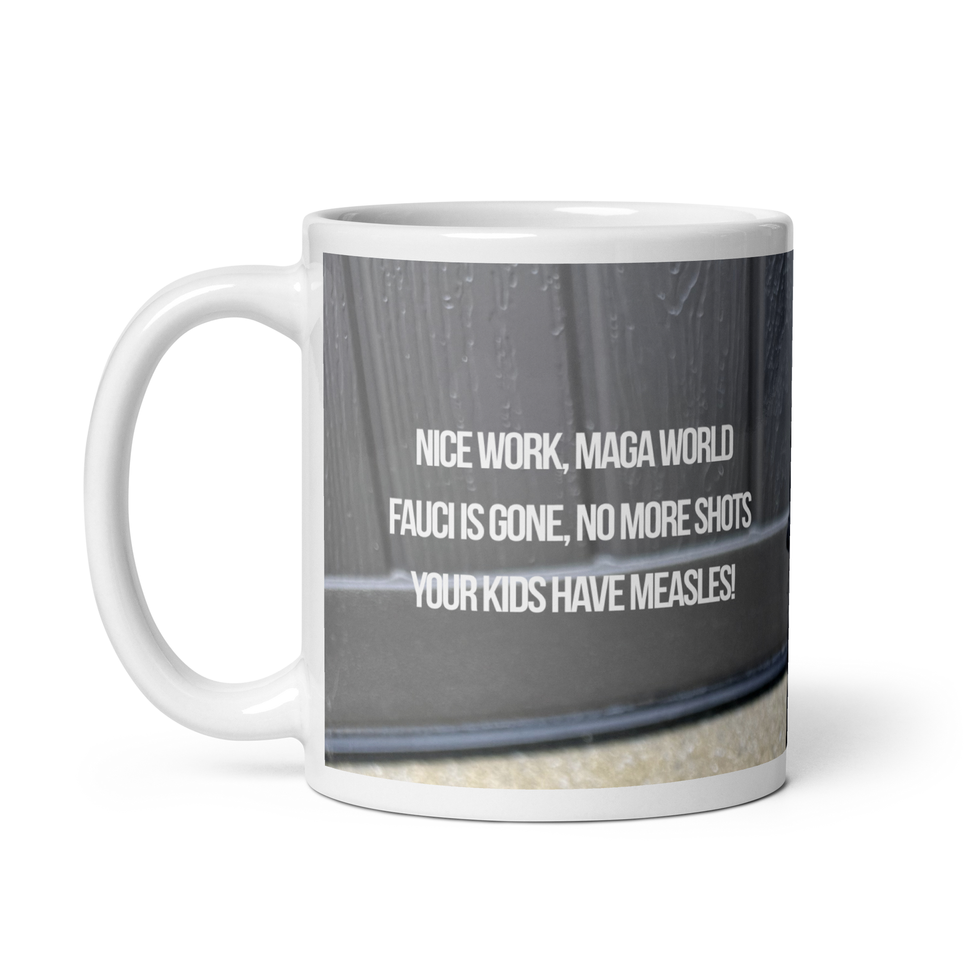 11 oz white ceramic mug handle on the left printed in muted tones, showing poodle and political satire in the form of Haiku