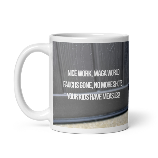 11 oz white ceramic mug handle on the left printed in muted tones, showing poodle and political satire in the form of Haiku
