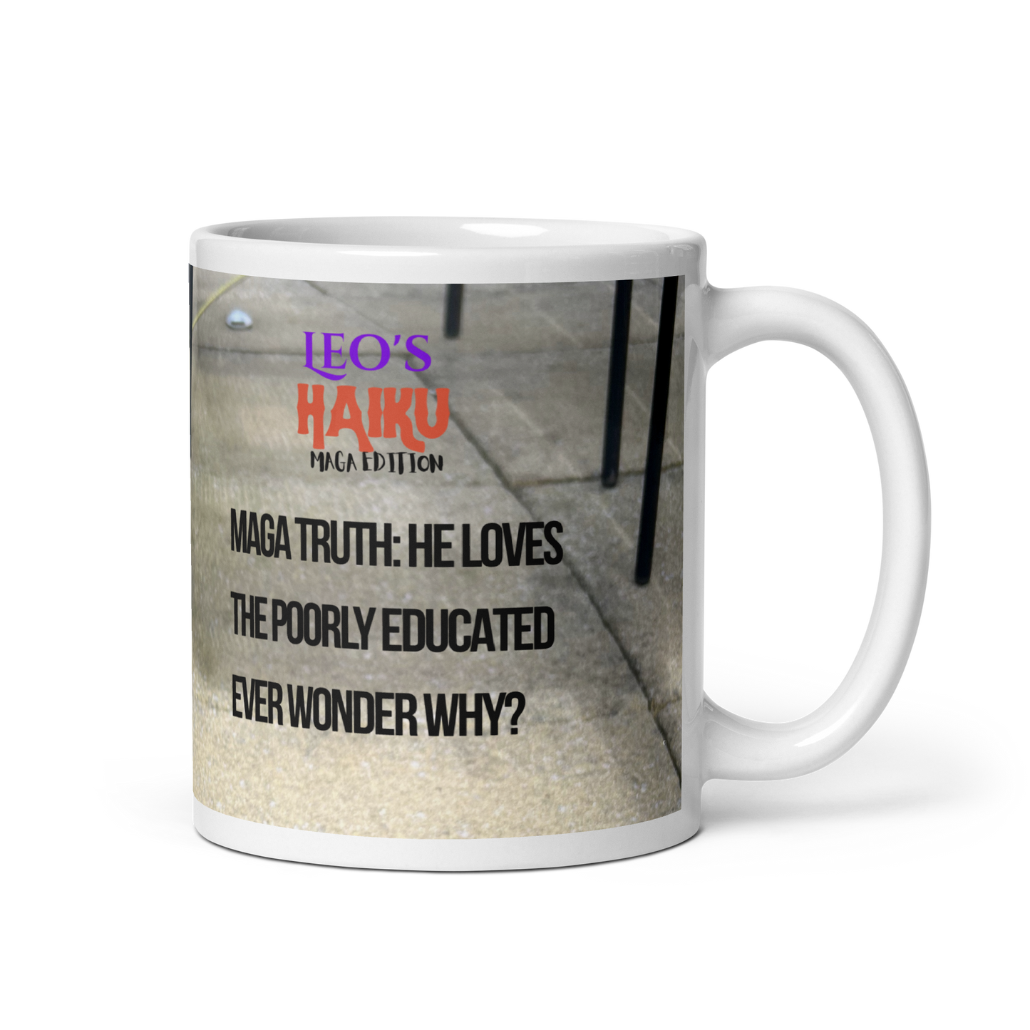 11 oz white glossy ceranuc mug, handle on the right, printed in gray tones, showing poodle and political satire in Haiku form.