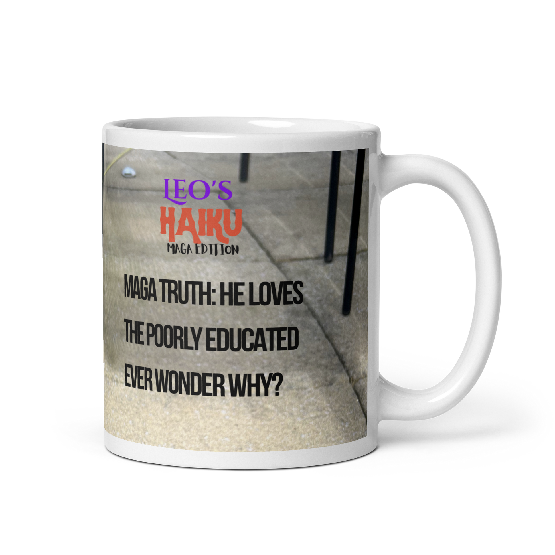 11 oz white glossy ceranuc mug, handle on the right, printed in gray tones, showing poodle and political satire in Haiku form.