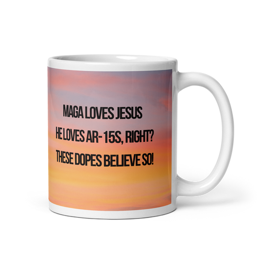 11 oz white ceramic mug printed with a colorful background, a poodle and a political satire in Haiku form.