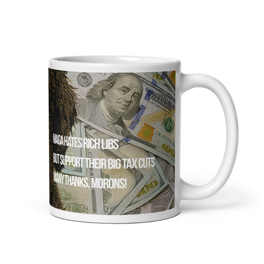 11 oz White ceramic mug, handle on the right, printed with image of a dog surrounded by $100 bills, with political satire in Haiku format.