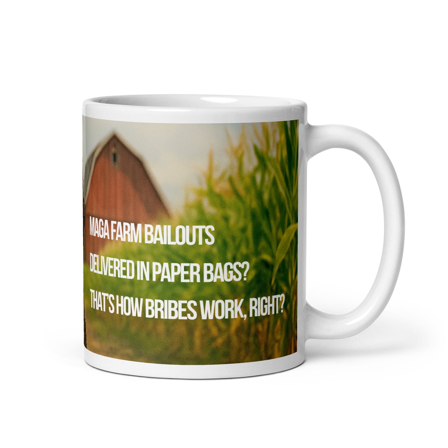 11 oz white ceramic mug, handle on the right, printed with a design of a dog in a corn field with political satire in Haku format.