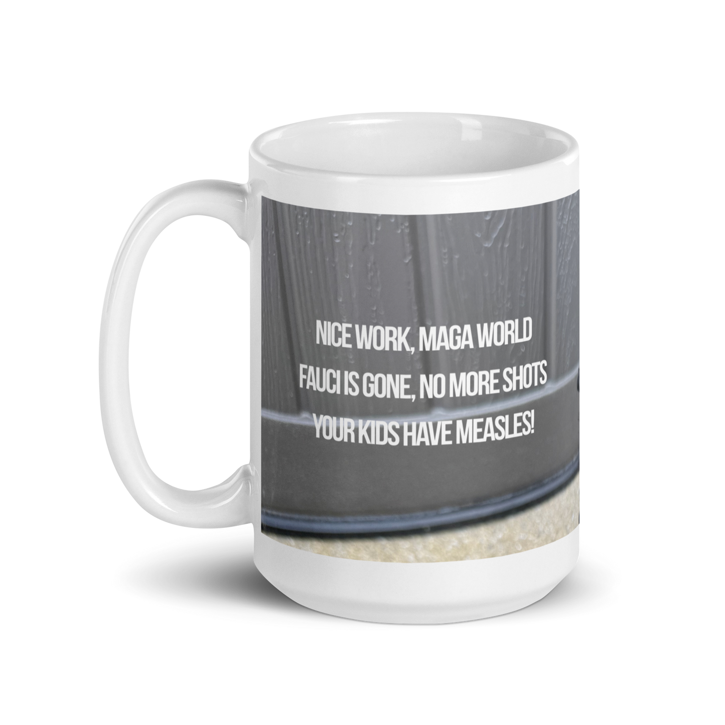 15 oz white ceramic mug handle on the left printed in muted tones, showing poodle and political satire in the form of Haiku