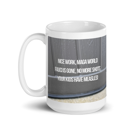 15 oz white ceramic mug handle on the left printed in muted tones, showing poodle and political satire in the form of Haiku