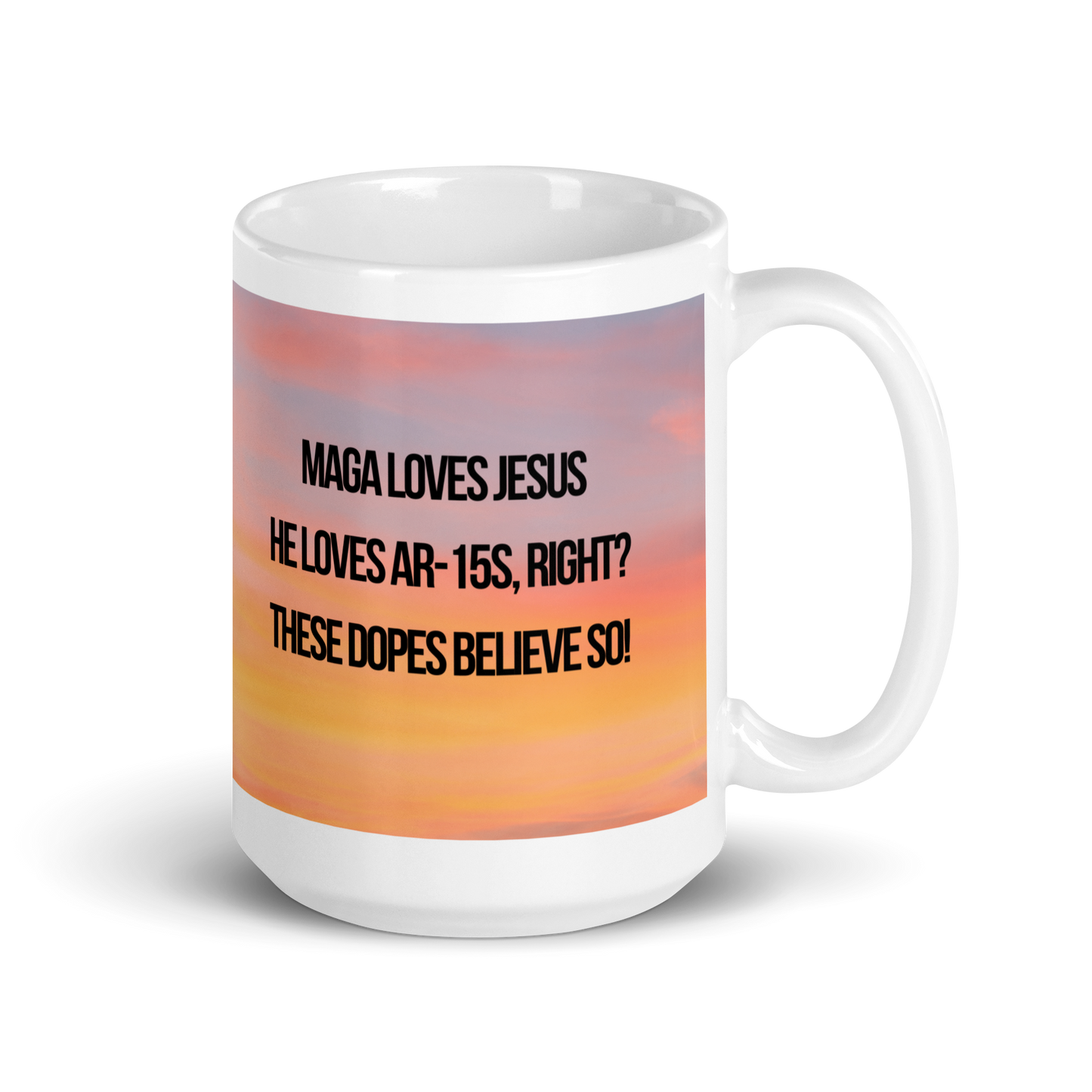 15 oz white ceramic mug printed with a colorful background, a poodle and a political satire in Haiku form.