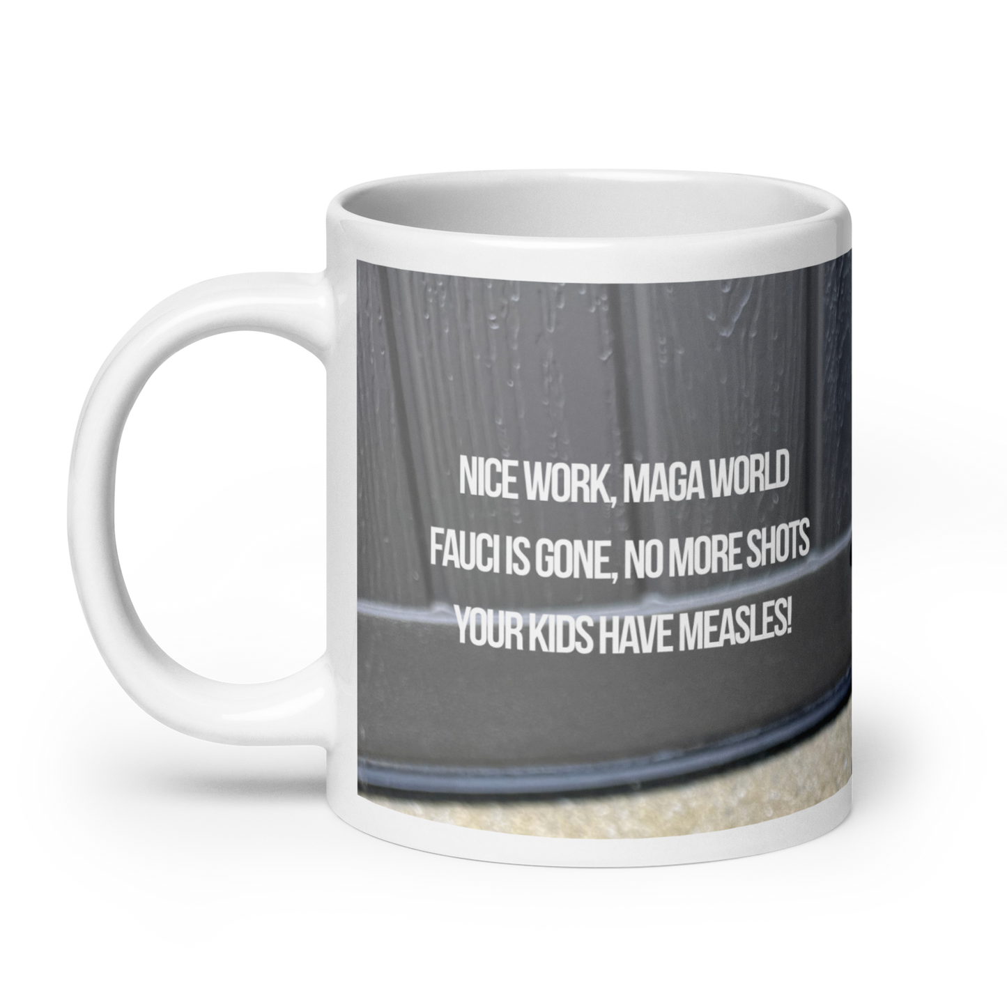 20oz white ceramic mug handle on the left printed in muted tones, showing poodle and political satire in the form of Haiku