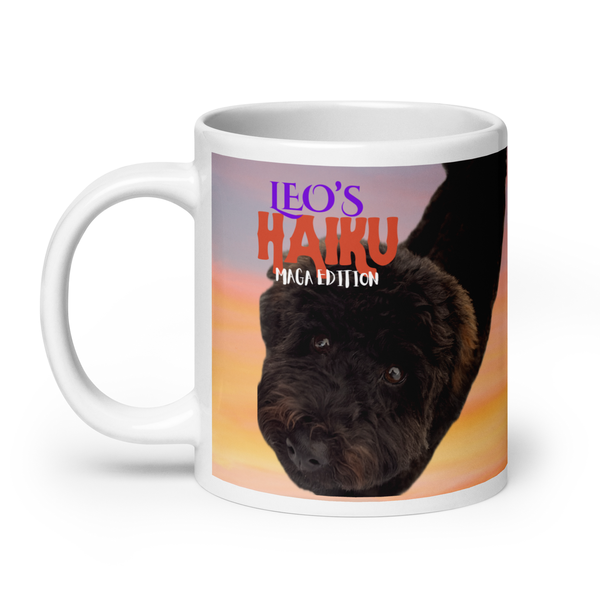 20 oz white ceramic mug printed with a colorful background, a poodle and the Logo for Leo's Haiku