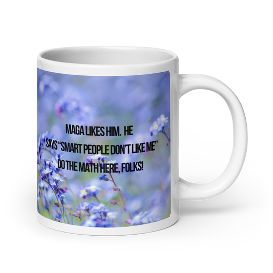11 oz white ceramic mug printed with design of blue flowers, a poodle, and political satire in the form of Haiku