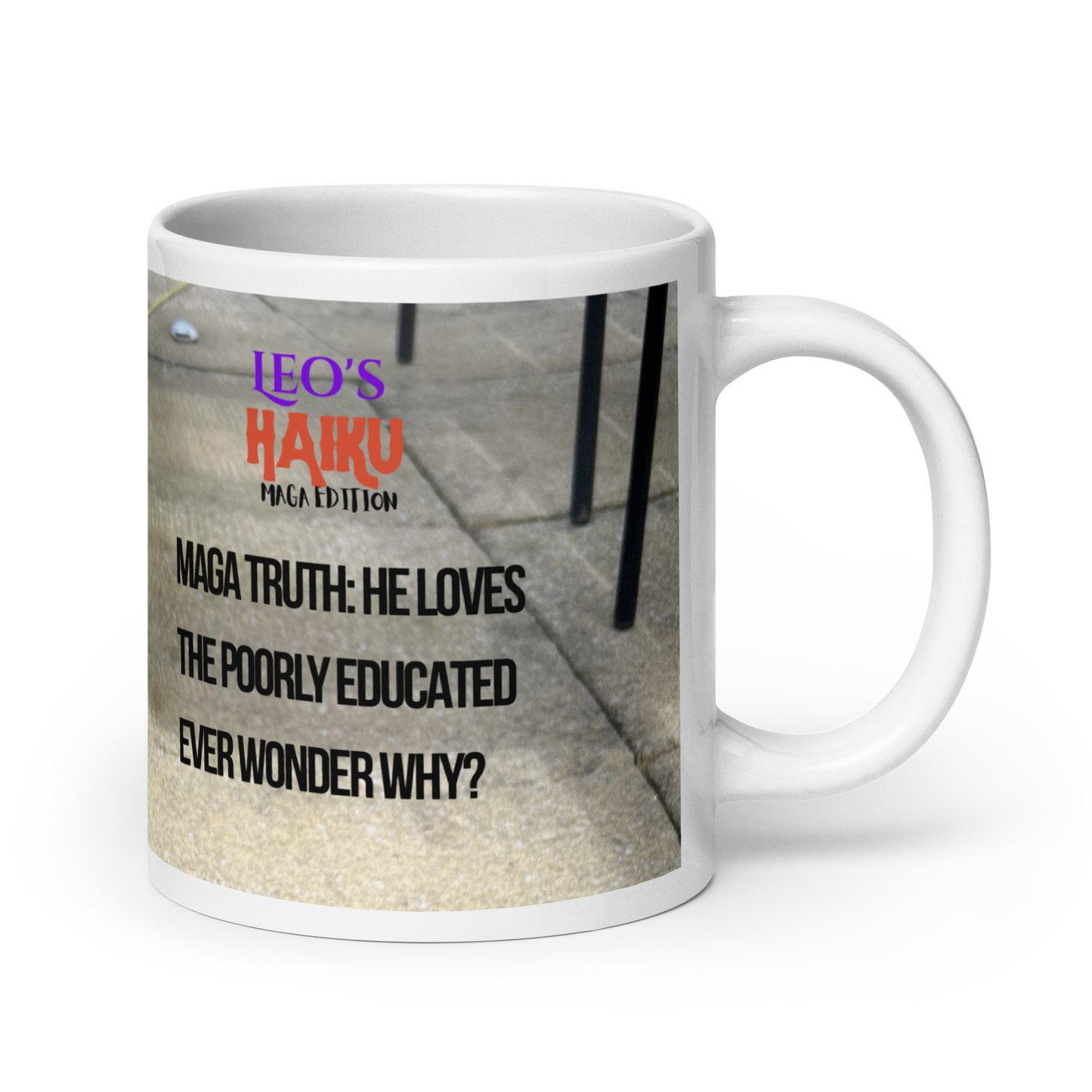 20 oz white glossy ceramic mug, handle on the right, printed in gray tones, showing poodle and political satire in Haiku form.