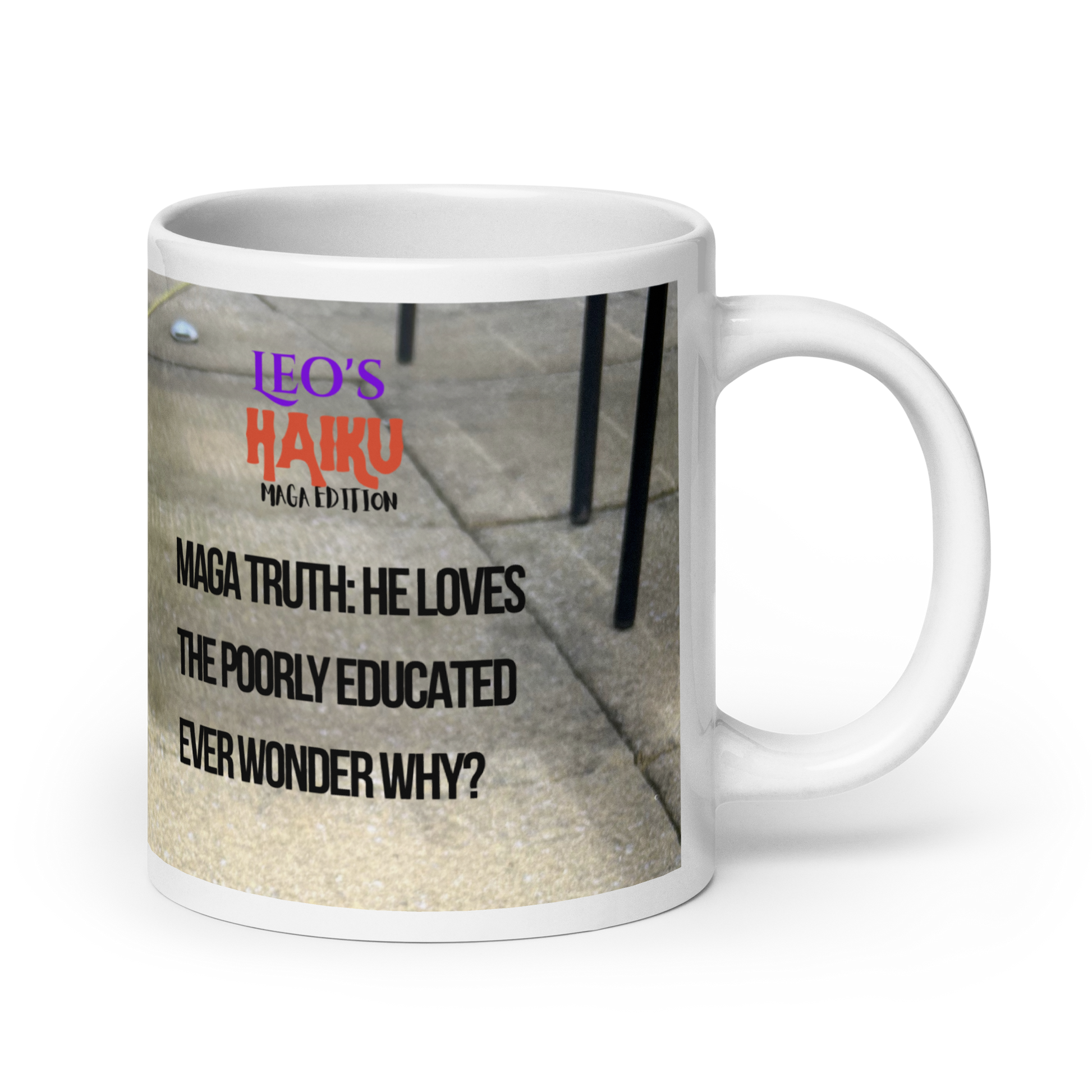 20 oz white glossy ceramic mug, handle on the right, printed in gray tones, showing poodle and political satire in Haiku form.